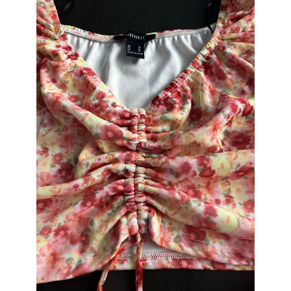 Forever 21 Floral Print Ruched Cropped Long Sleeve Top Square Neck Festival - Picture 7 of 8